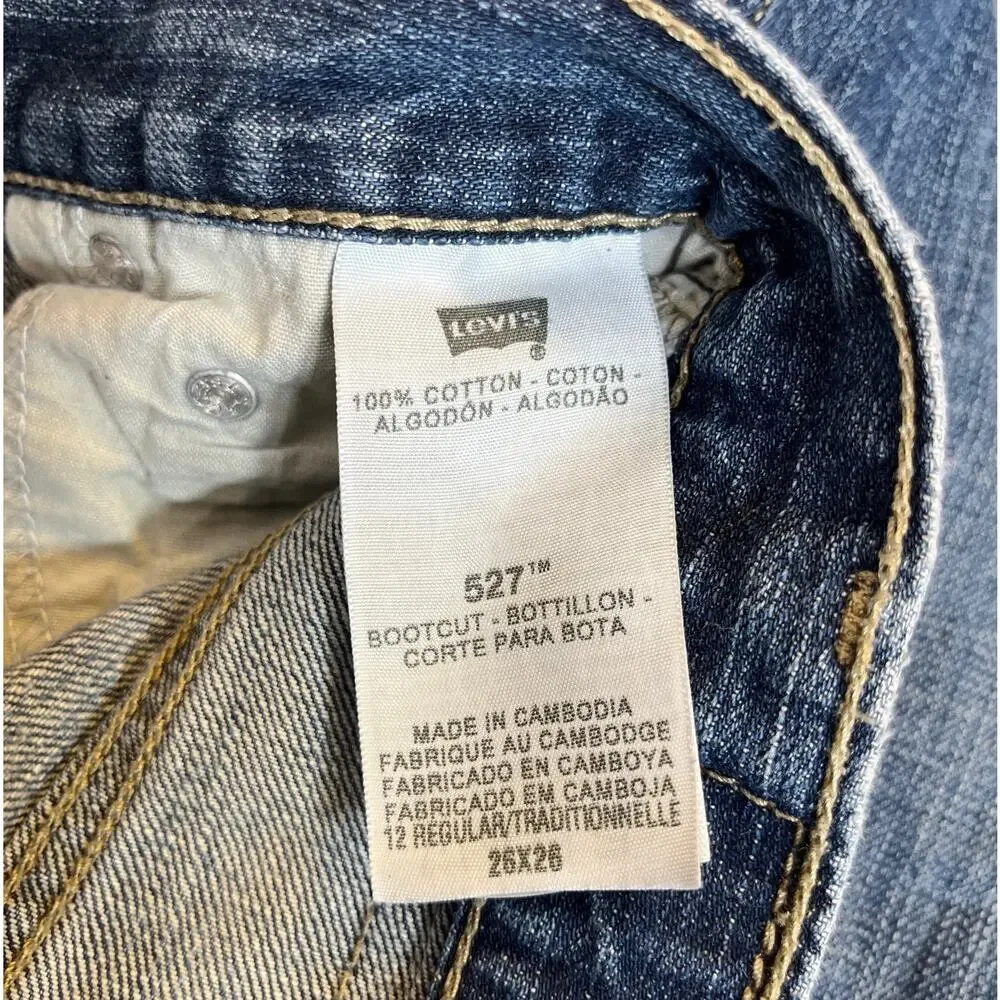 Levi's 527 Bootcut Denim Jeans Youth Size 12 Regular W26 L26 Distressed Hem